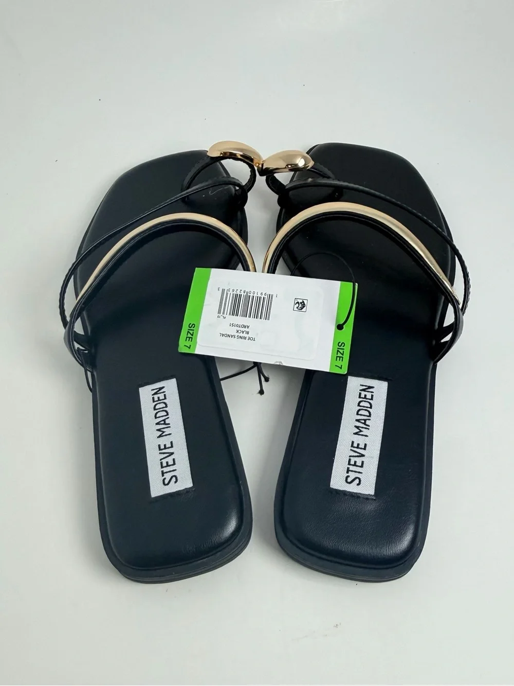 Steve Madden Black Sandal with Gold Metal Hoop and Toe Ring